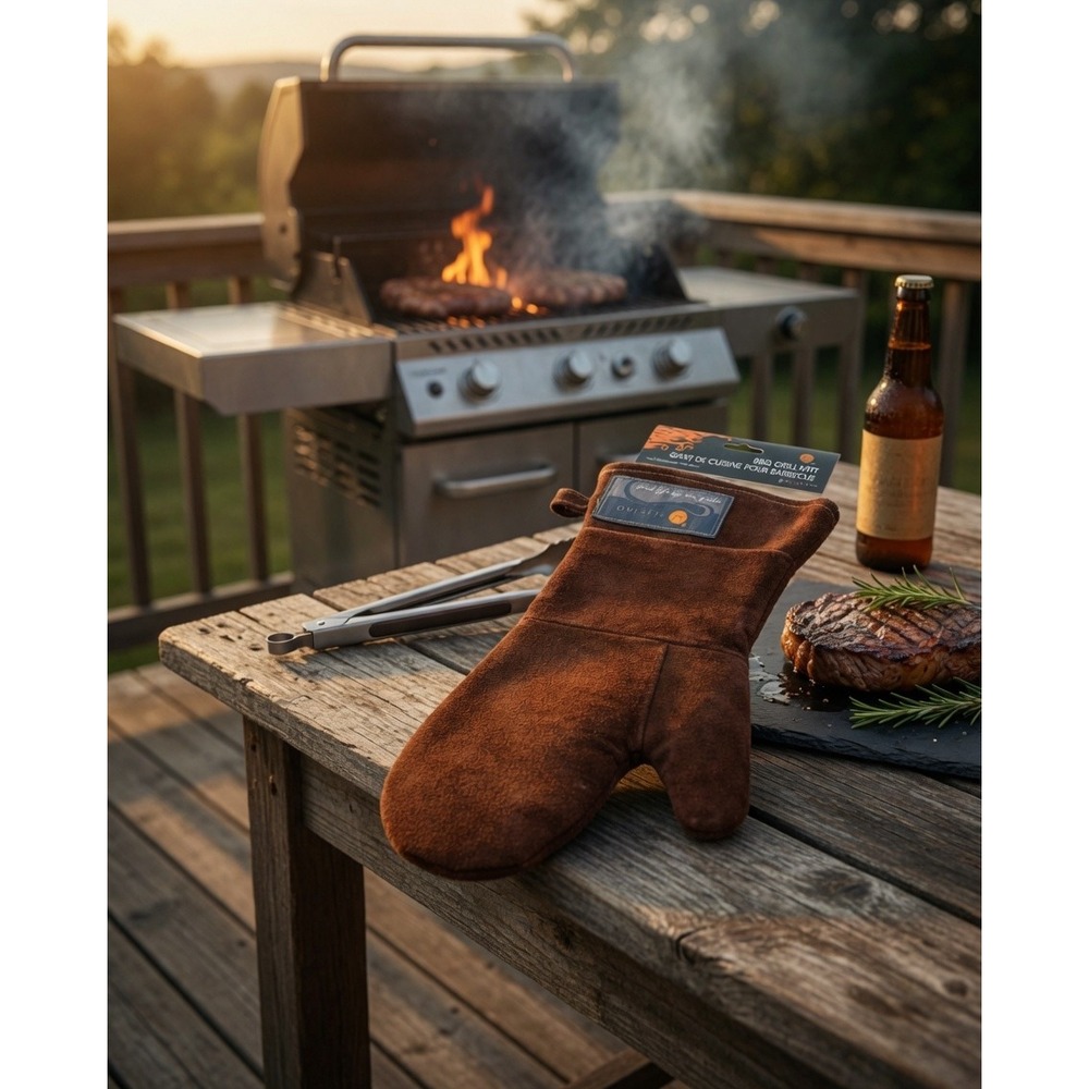 Outset Brown Suede Leather BBQ Grill Mitt‎ Heat Resistant Glove F232 NEW